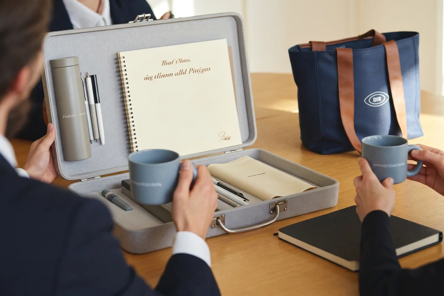 Aufgeklappter Musterkoffer mit Werbeartikeln: Flasche, Stifte, Notizbuch, Tasse und Tasche